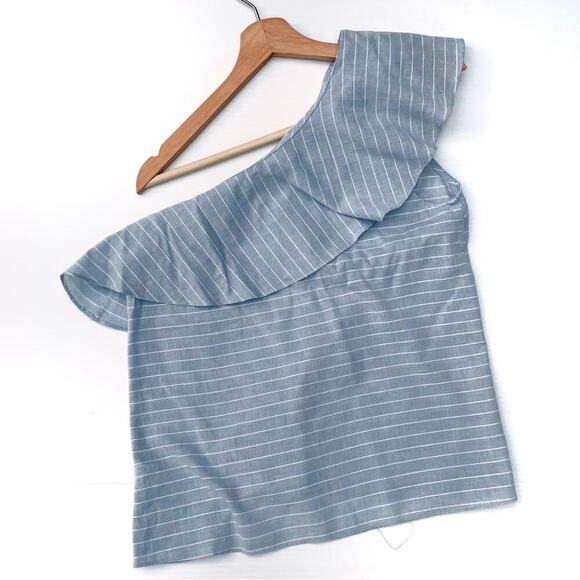 L’Acadamie one shoulder chambray tank top size small blue w/ white stripes - Picture 6 of 8